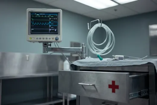 A vital signs monitor on an articulated arm beside coiled oxygen tubing in an office surgical suite