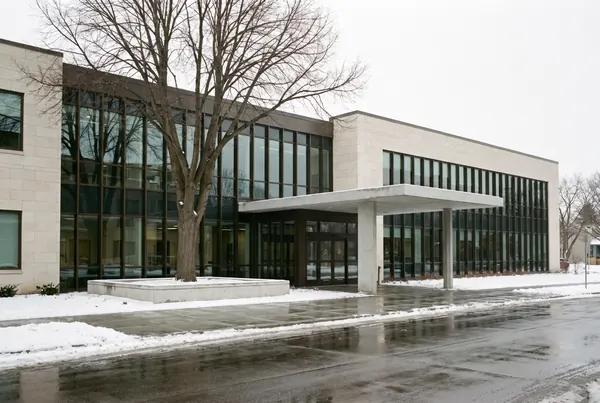 The low-rise limestone and bronze medical building housing the practice, photographed on an overcast winter day
